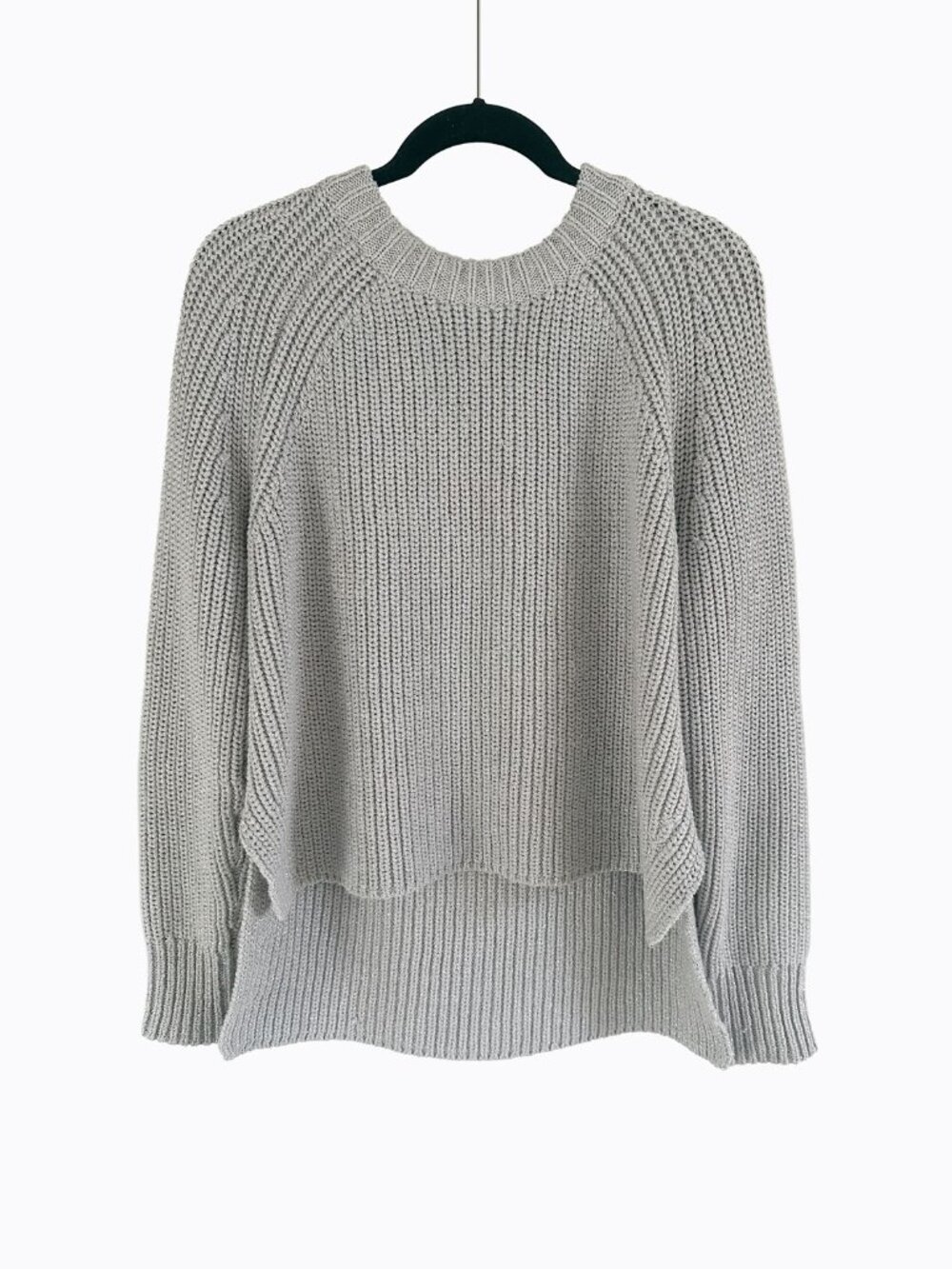 CK Gray Metallic Shimmer Chunky Knit Sweater M High Low Cozy Minimalist Y2K Chic